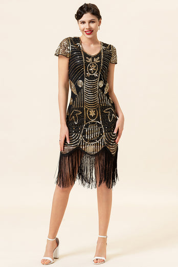 Black Golden Sequins 1920 Fringe Dress