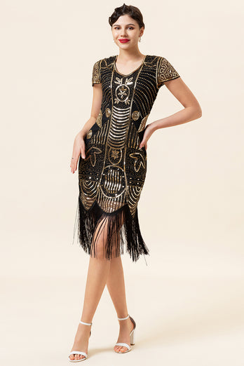 Black Golden Sequins 1920 Fringe Dress