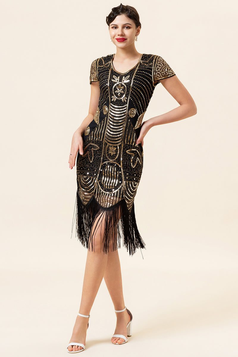 Load image into Gallery viewer, Black Golden Sequins 1920 Fringe Dress