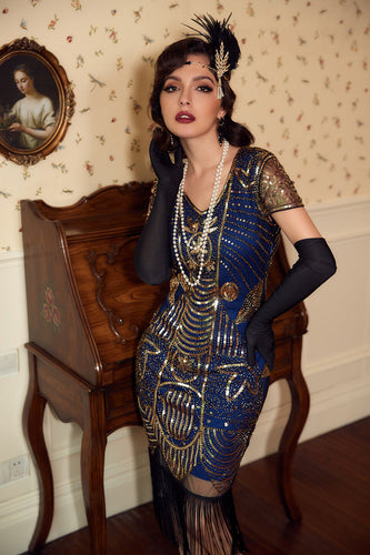 V Neck Blue Sequins 1920 Dress with Tassel