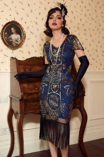 V Neck Blue Sequins 1920 Dress with Tassel