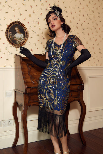V Neck Blue Sequins 1920 Dress with Tassel