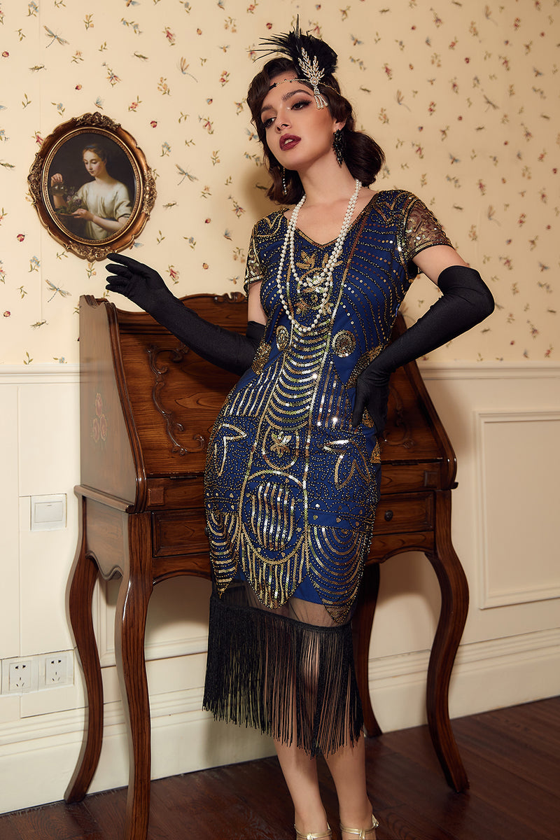 Load image into Gallery viewer, Black Golden Sequins 1920 Fringe Dress