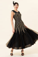 Load image into Gallery viewer, Black Golden Sequins Long Formal Dress With 20s Accessories Set