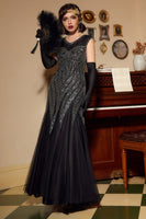 Load image into Gallery viewer, Black Golden Sequins Long Formal Dress With 20s Accessories Set