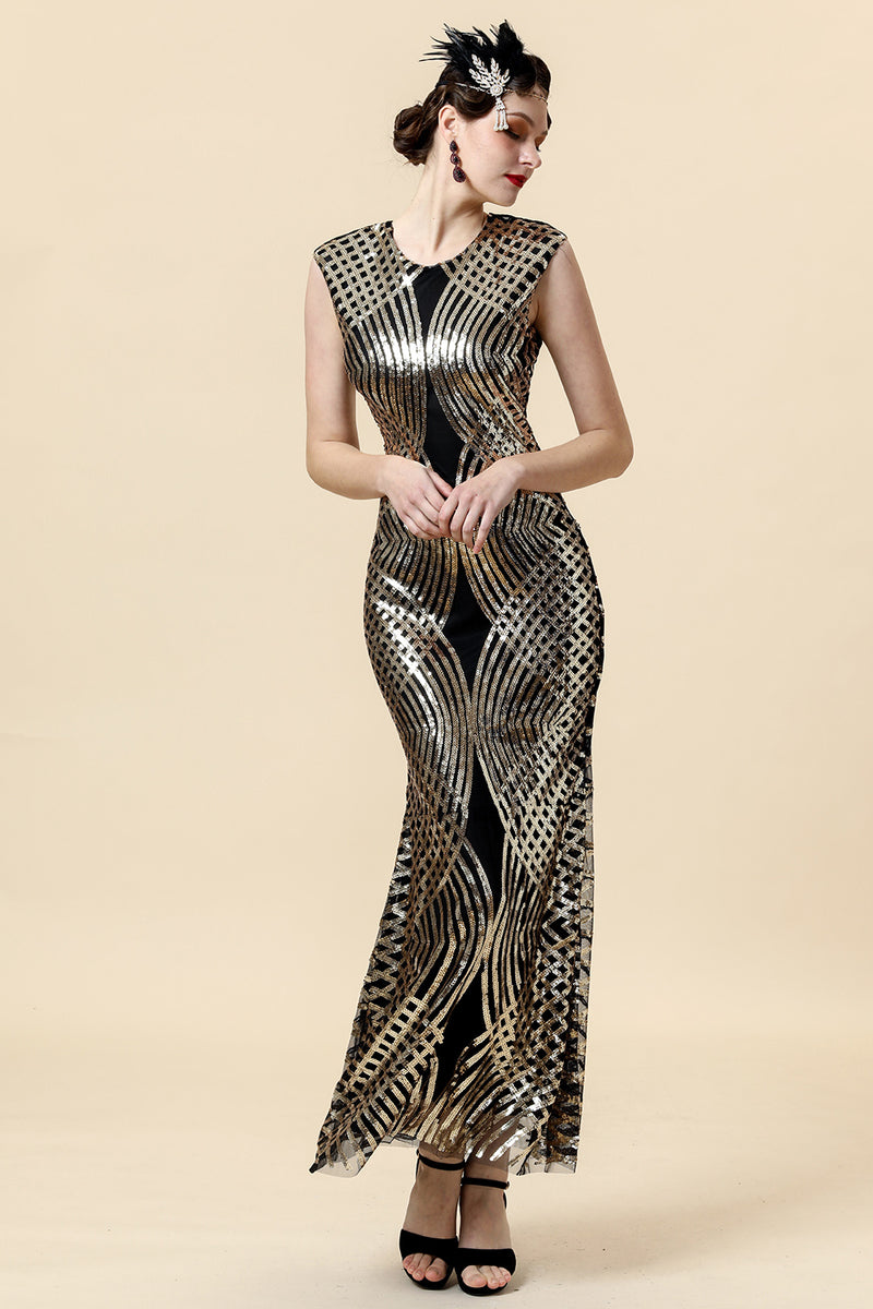 Load image into Gallery viewer, Sheath Jewel Golden Sequined Long Formal Dress