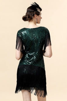 V Neck Black Green Sequins Cocktail Dress with Tassel