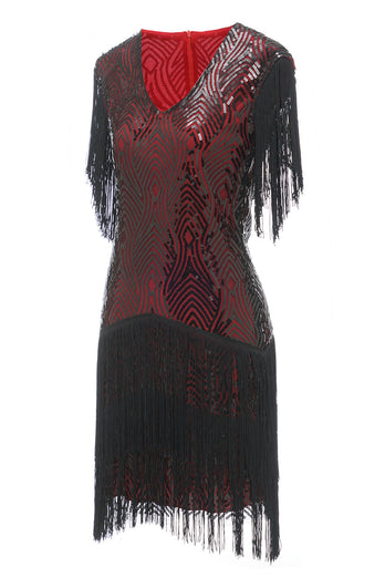 Black Red V Neck Cocktail Dress with Tassel