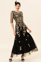 Load image into Gallery viewer, Black Golden Sequins Long Formal Dress With 20s Accessories Set