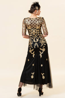 Black Golden Sequins Long Formal Dress with Half Sleeve