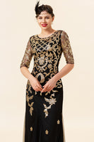Load image into Gallery viewer, Roaring 20s Black Golden Sequins Long Formal Dress with Half Sleeve