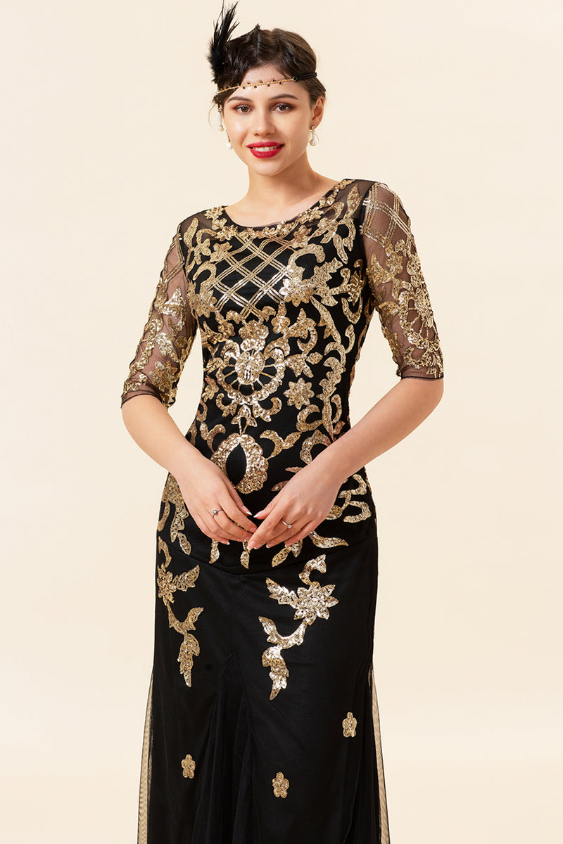 Load image into Gallery viewer, Black Golden Sequins Long Formal Dress with Half Sleeve