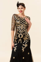 Load image into Gallery viewer, Roaring 20s Black Golden Sequins Long Formal Dress with Half Sleeve