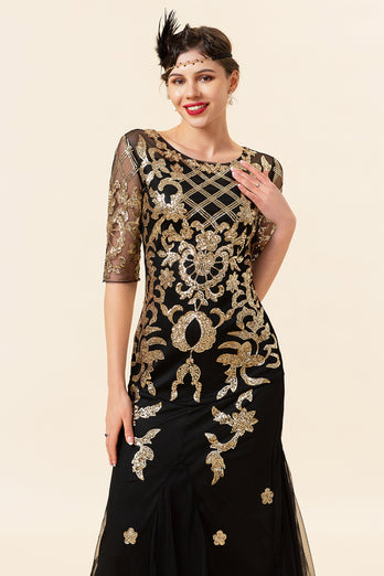 Black Golden Sequins Long Formal Dress with Half Sleeve