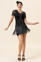 Load image into Gallery viewer, Jewel Black Sequined Beaded Fringe 1920s Dress