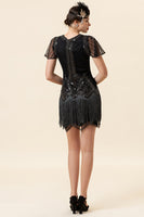 Load image into Gallery viewer, Jewel Black Sequined Beaded Fringe 1920s Dress