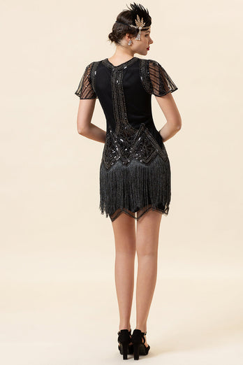 Black Sequined Beaded Fringe 1920s Dress With 20s Accessories Set