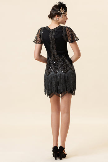 Jewel Black Sequined Beaded Fringe 1920s Dress