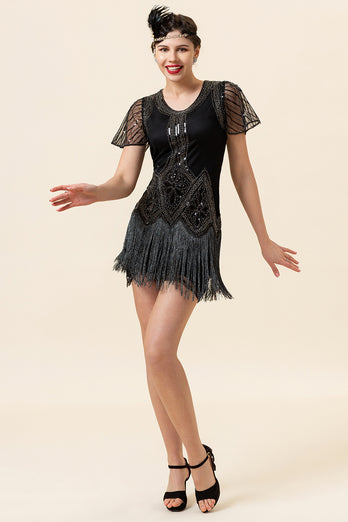 Jewel Black Sequined Beaded Fringe 1920s Dress