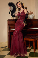 Load image into Gallery viewer, Sparkly Black Blush Sequins V-Neck Long 1920s Dress