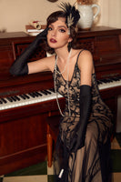 Load image into Gallery viewer, Sparkly Black Blush Sequins V-Neck Long 1920s Dress