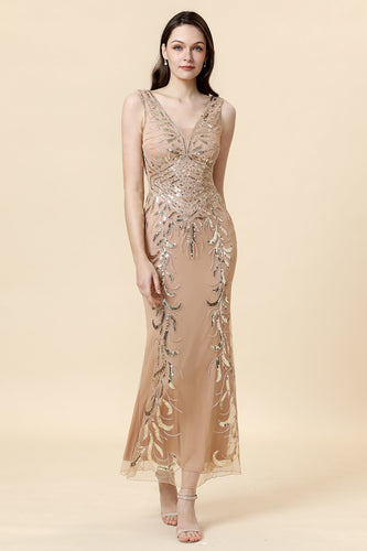 Sheath V Neck Champagne Sequins Long Formal Dress