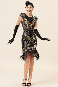 Black Sequins Tassel 1920s Dress With 20s Accessories Set