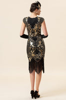 Load image into Gallery viewer, Black Sequins Tassel 1920s Dress With 20s Accessories Set