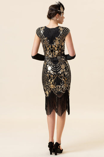 Black Sequins Tassel 1920s Dress With 20s Accessories Set