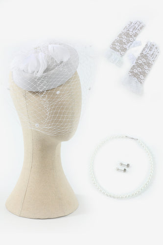 White Earrings Necklace Gloves Headpieces Four Pieces 1920s Accessories Sets