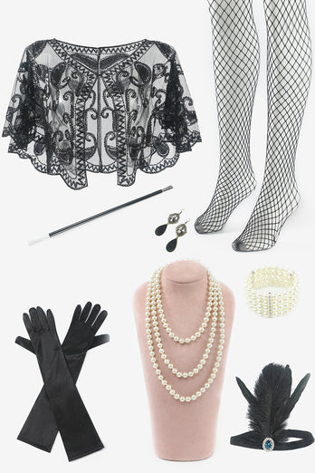 Black Sequins 1920s Flapper Plus Size Dress with 20s Accessories Set