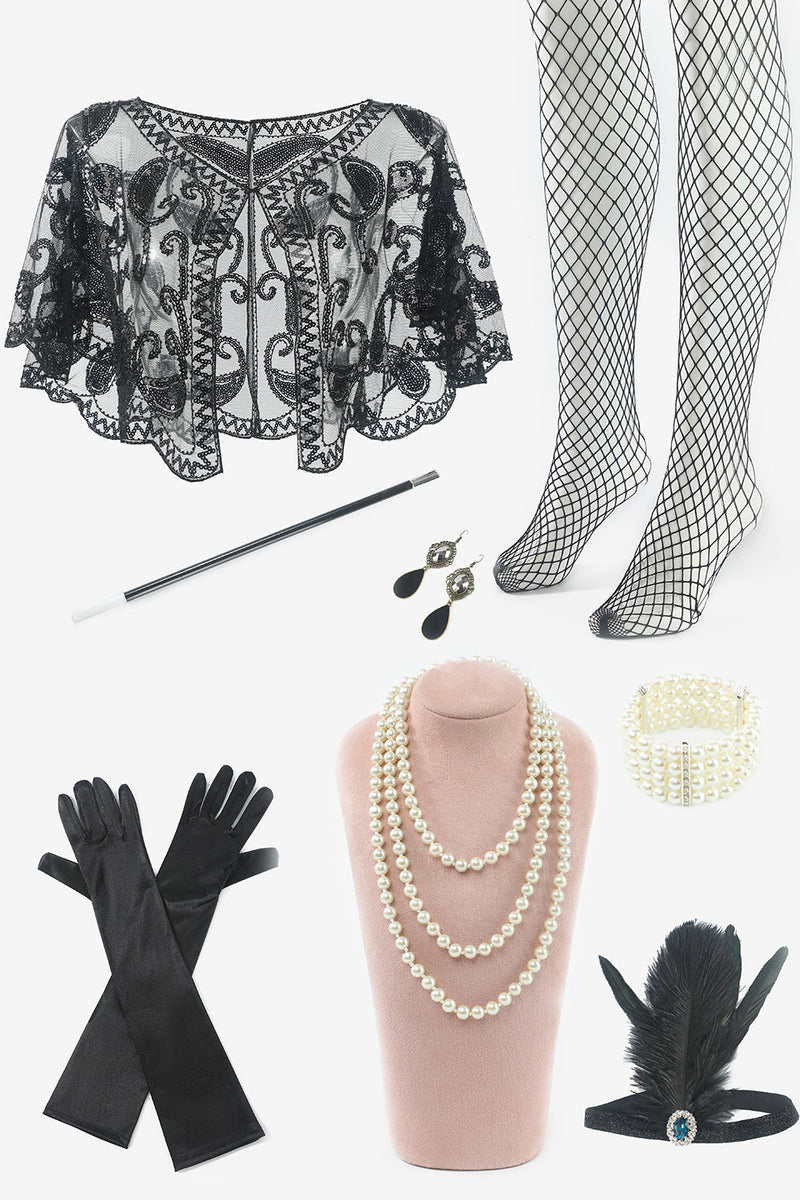 Load image into Gallery viewer, Fringed Vintage 1920s Sequin Dress With 20s Accessories Set