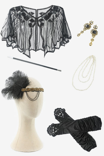 Black Sequins 1920s Fringe Dress With 20s Accessories Set