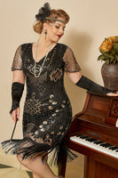 Load image into Gallery viewer, Black Golden Beaded Sequins 1920s Plus Size Dress