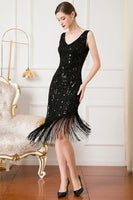 Load image into Gallery viewer, Queendancer Women Black Sequin 1920s Flapper Dress with Fringes Sheath V-Neck Great Gatsby Dress 