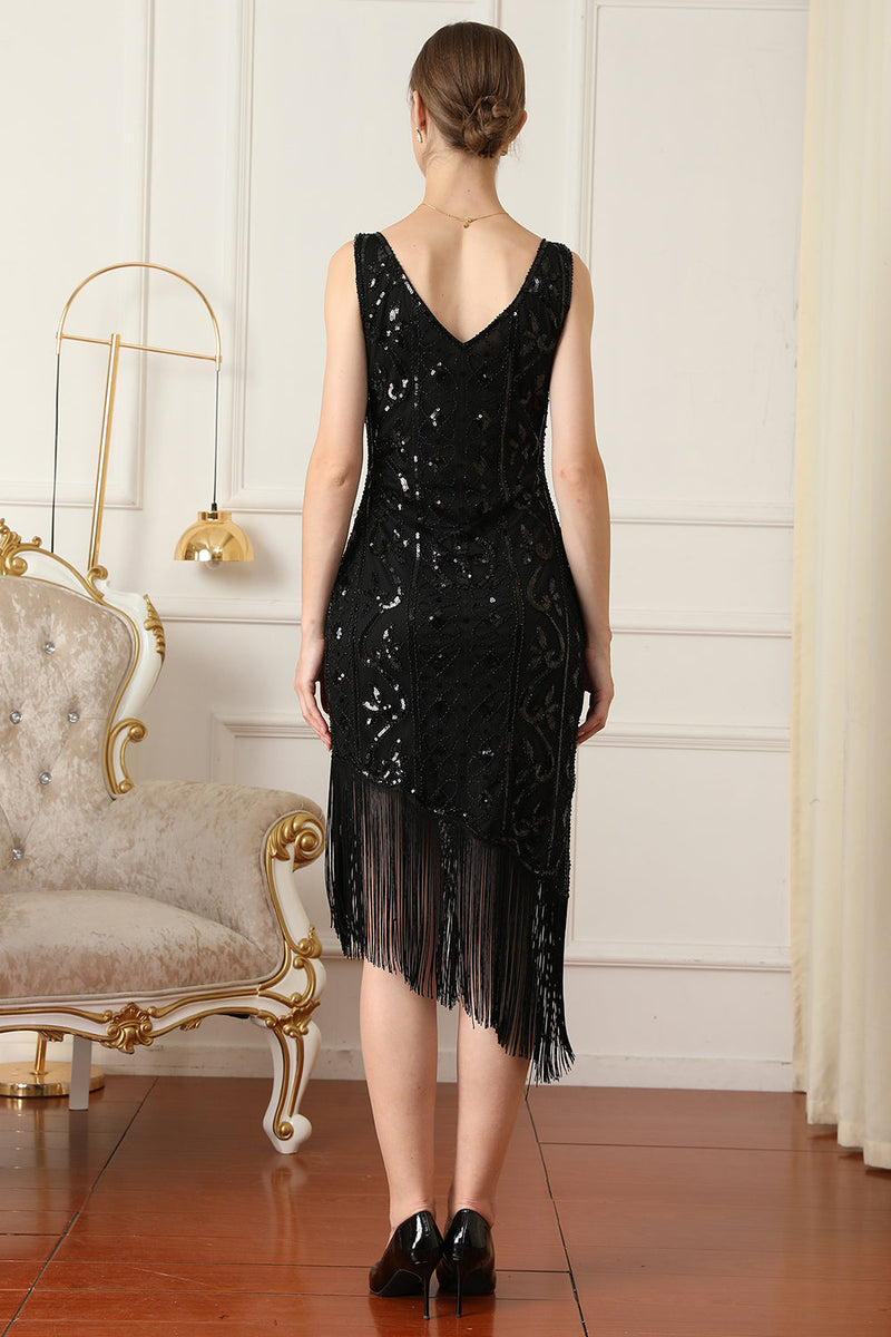 Load image into Gallery viewer, Black Sequin 1920s Flapper Dress with Fringes