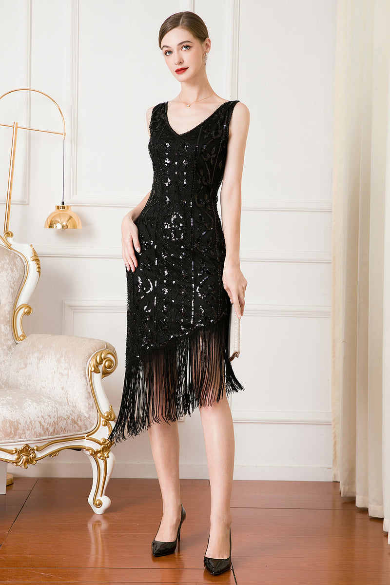 Load image into Gallery viewer, Black Sequin 1920s Flapper Dress with Fringes
