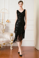 Load image into Gallery viewer, Sparkly Black Sequin Sheath 1920s Flapper Dress with Fringes