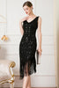 Load image into Gallery viewer, Black Sequin 1920s Flapper Dress with Fringes