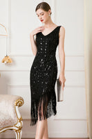 Load image into Gallery viewer, Sparkly Black Sequin Sheath 1920s Flapper Dress with Fringes