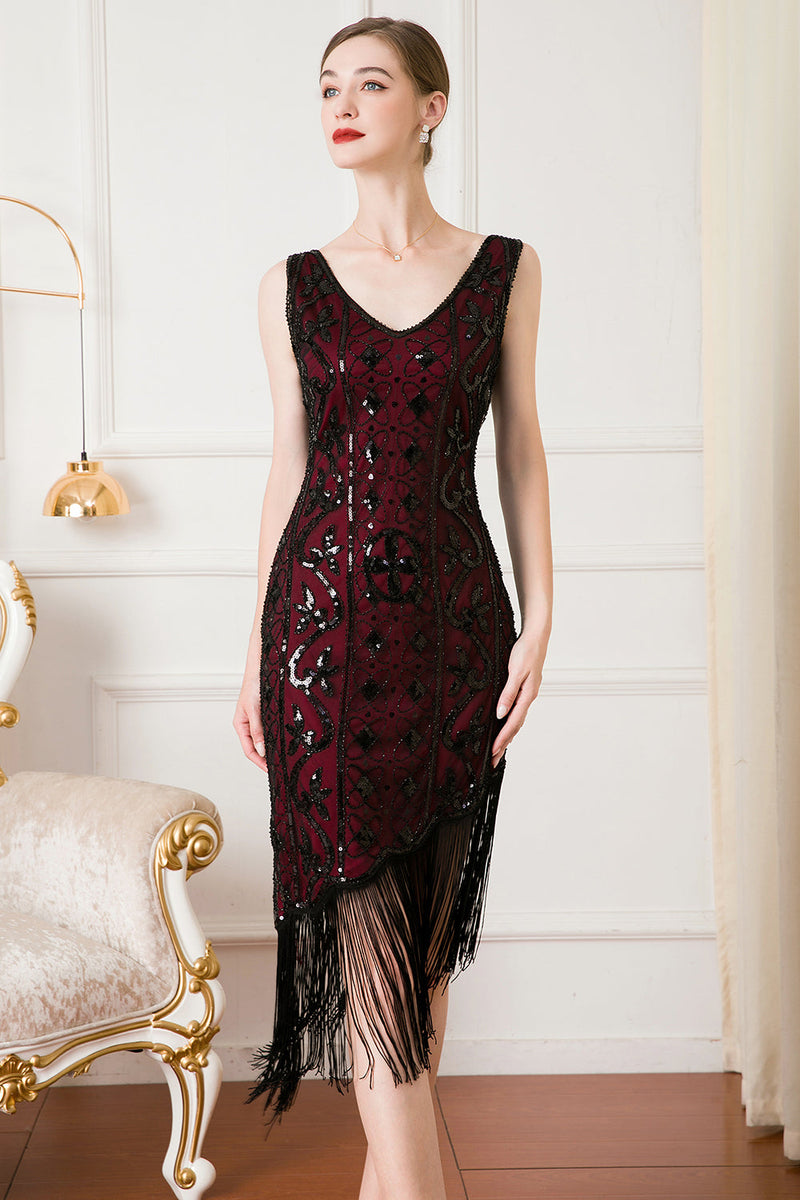 Load image into Gallery viewer, Black Sequin 1920s Flapper Dress with Fringes