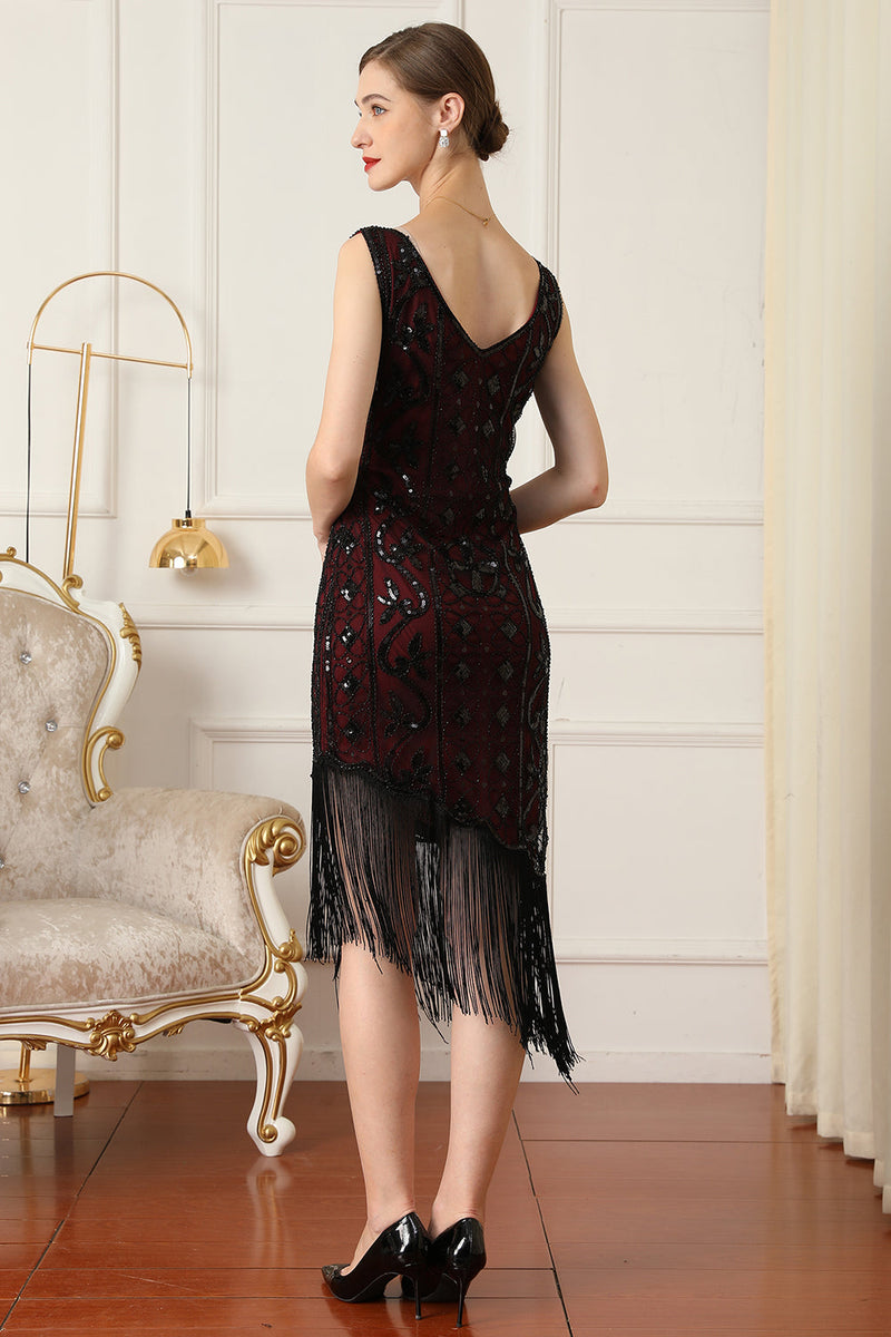 Load image into Gallery viewer, Black Sequin 1920s Flapper Dress with Fringes