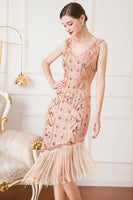 Load image into Gallery viewer, Queendancer Women Black Sequin 1920s Flapper Dress with Fringes Sheath V-Neck Great Gatsby Dress 