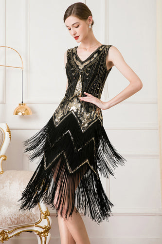 Queendancer Women Sparkly Black and Gold Sequins 1920s Party Dress with Fringes with Fringes V-Neck Flapper Dress