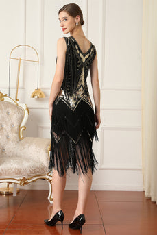 Sparkly Black and Gold V-Neck Sequins 1920s Dress with Fringes