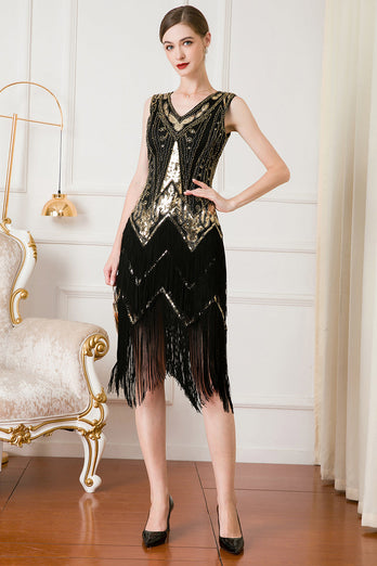Sparkly Black and Gold V-Neck Sequins 1920s Dress with Fringes