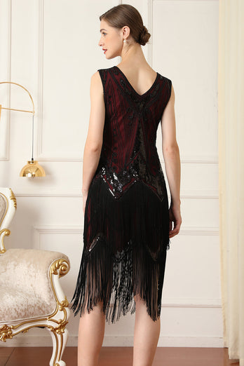 Sparkly Black and Gold V-Neck Sequins 1920s Dress with Fringes