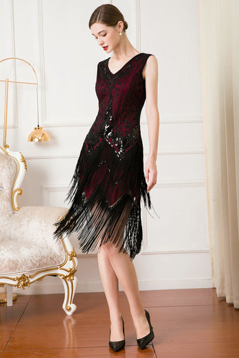 Sparkly Black and Gold V-Neck Sequins 1920s Dress with Fringes