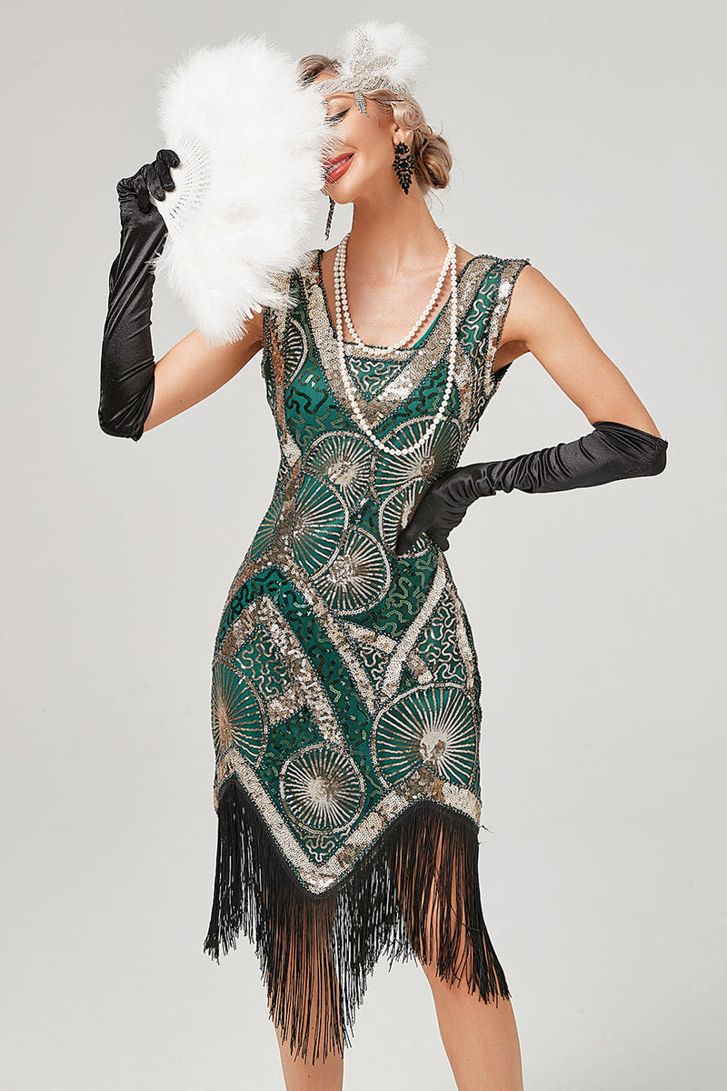Queendancer Women 1920s Dress Dark Green Scoop Neck Flapper Dress With Fringes – queendancer