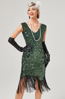Load image into Gallery viewer, Dark Green Sequined V-Neck Gatsby Dress With Fringes